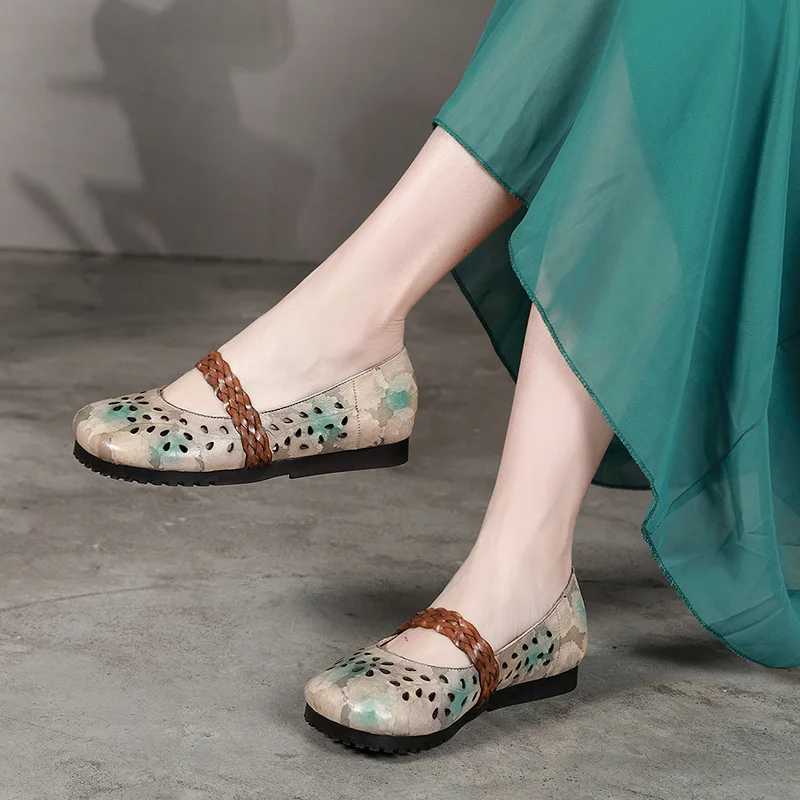

VALLU 2019 Women Shoes Gradient Color Leather Flats Female Round Toe Hollow Shoes Retro Handmade Weaving Design Dress Shoes