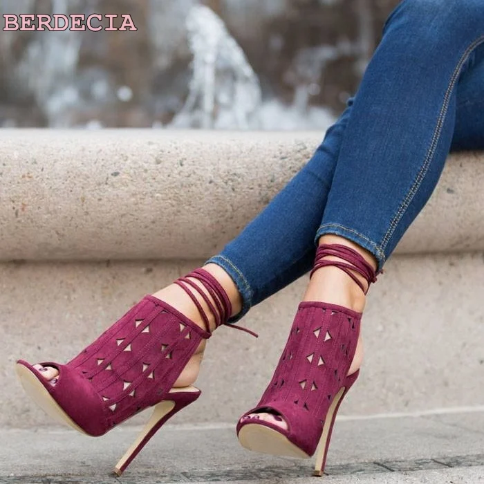 

multicolor suede leather party sandals ankle Straps thin heel shoes lace up woman shoes hollow out stiletto heel sandals