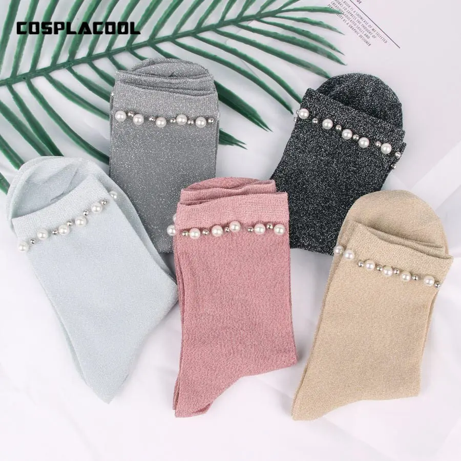 

Women's Harajuku Vintage Glitter Handmade Pearl Socks Meias Shiny Silver Onions Beading Female Socks Funny Crew Calcetines Mujer