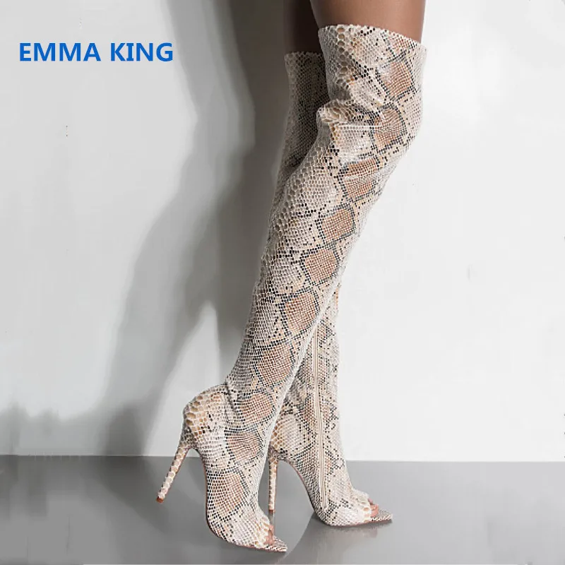 

Spring Autumn Peep Toe Sexy Over The Knee Boots Women Snake Prints Stilettos Fashion Thigh High Boots Side Zip High Heels Shoes