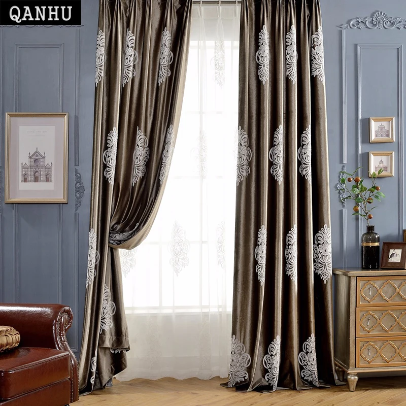 

QanHu Elegant Style Factory direct shop Customize Curtain pattern Brand Designer Dark Colors Landing Blackout Curtain Set A-26