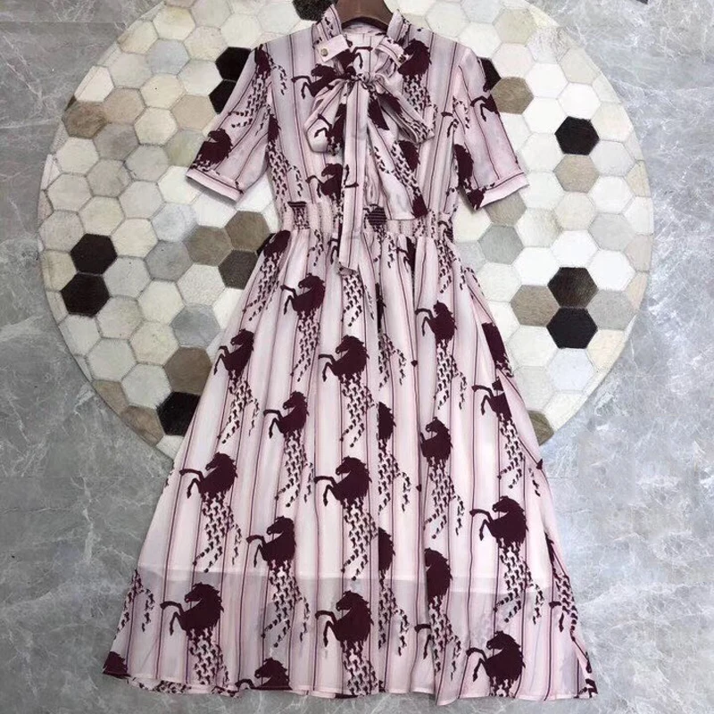  Spring Floral Printed Spring Printed Dress Women 2019 High Quality New Cute Long Dresses O-Neck Fashion Mid-Calf Dress Women 