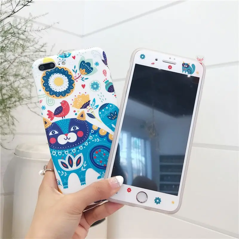 

For iPhone 7 7Plus case Tempered Glass film for iPhone 7 6 6s Plus case TPU cover 360 full protect cartoon Screen Protector lion