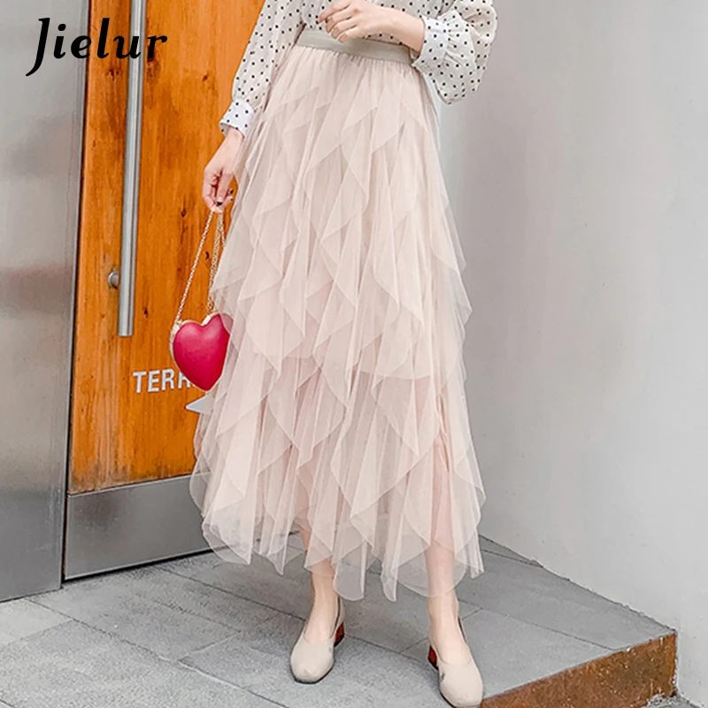 Jielur гофрированный с сеткой женские юбки кекс пачка лето Тюлевая юбка женская Свободная Милая 4 цвета Saia Великолепная Длинная элегантная юбка