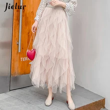 Jielur гофрированный с сеткой женские юбки кекс пачка лето Тюлевая юбка женская Свободная Милая 4 цвета Saia Великолепная Длинная элегантная юбка
