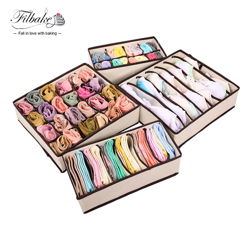FILBAKE Nonwoven Beige Storage Box 4PCS Container Drawer Divider Closet For Ties Socks Bra Underwear Interior Container