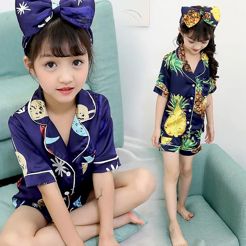 Summer Girls Sets Pajamas Baby Girls Favorites Imitation Silk Short