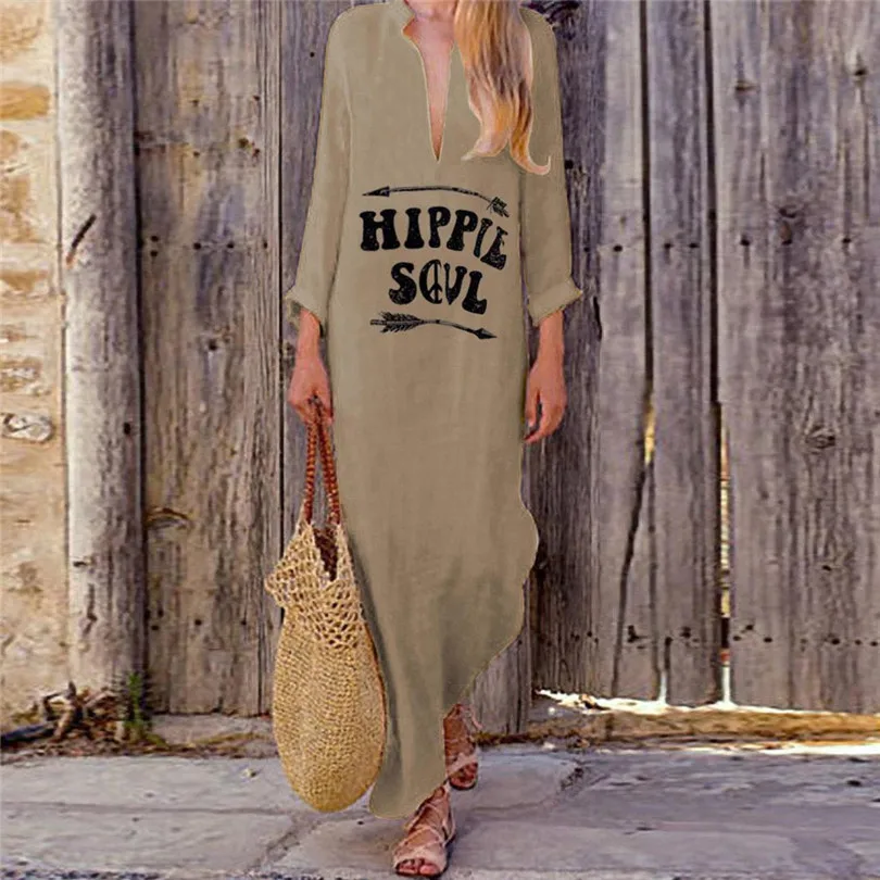 Letter Print Dress Women Long Sleeve Loose Beach Dress Plus Size V Neck Sexy Dress Casual Vestidos De Verano 40JUL127