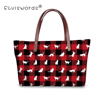 

ELVISWORDS Cat Halftone Printed Woman Bag Shoulder Handbag Ladies Top-Handle Composite Bag Purse Wallet Leather Red Black Plaid