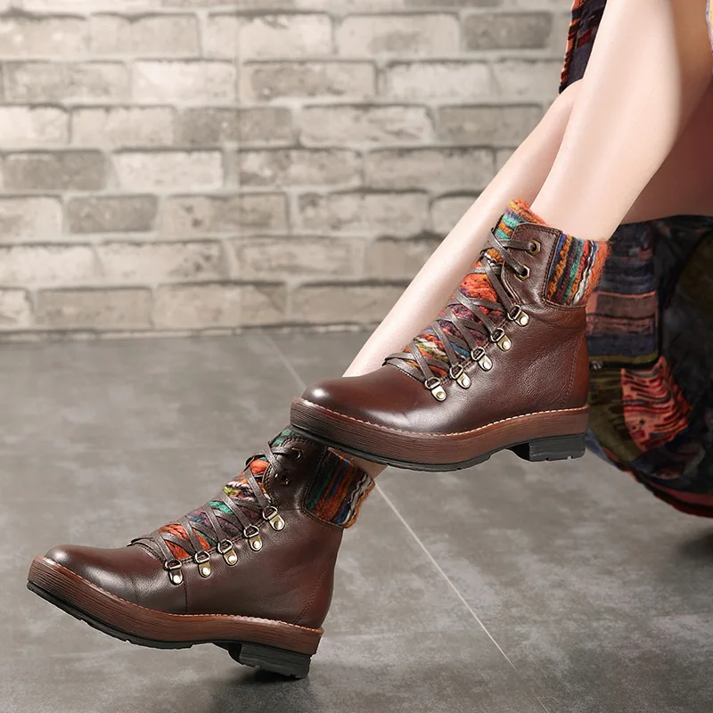 

HUIZUMEI shoes woman New original handmade shoes keep warm with leather Martin boots first layer of leather shoes