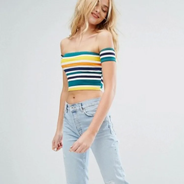 Пикантные женские с открытыми плечами Knit Crop Top красочный полосатый топ в рубчик пляжная одежда Рубашки женские короткие футболки повседневные облегающие уличная