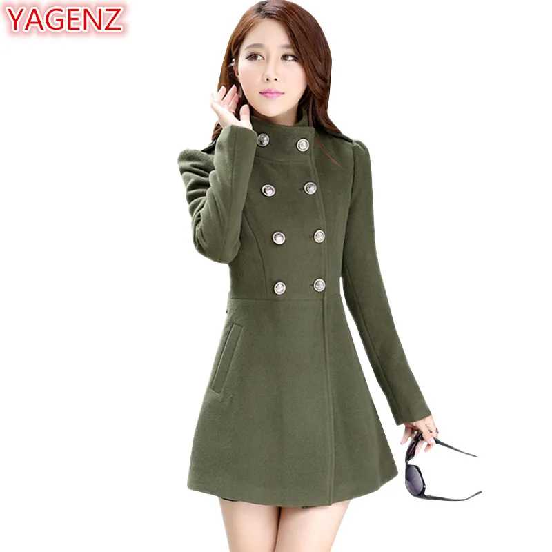 

YAGENZ Spring Autumn Coats Ladies Wool Coat Double-breasted High collar Women Jacket Woolen Coat Tops Long sleeve Casual Coat574