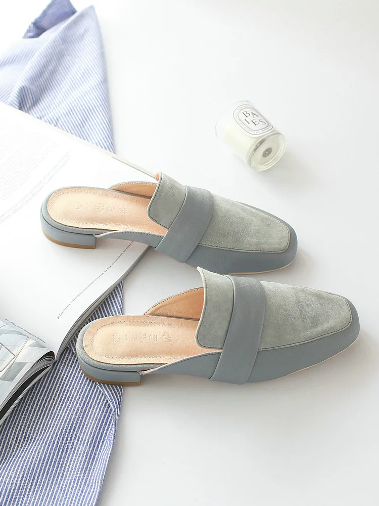 

2018 summer new slippers female flat square head with low Baotou color leather art slippers