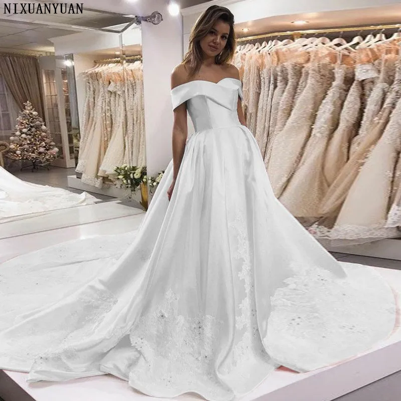 Luxury Sexy Lace Off The Shoulder Satin Wedding Dresses A-line Gown Short Sleeve Robe De Mariage 2021 Vestido Noiva | Свадьбы и