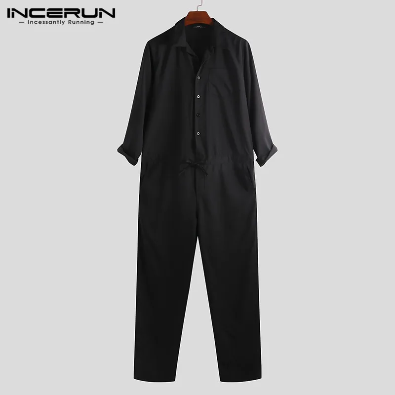 INCERUN Fashion Men Jumpsuit Long Sleeve Overalls Pockets Button Loose Casual Trousers Men Streetwear Rompers Plus Size - Цвет: Black