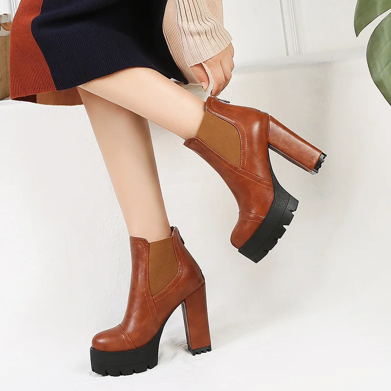 WETKISS/ г. Последние Большие размеры 32–43 женские ботильоны обувь на толстом высоком каблуке осень-зима дамские ботинки на платформе с молнией женская обувь