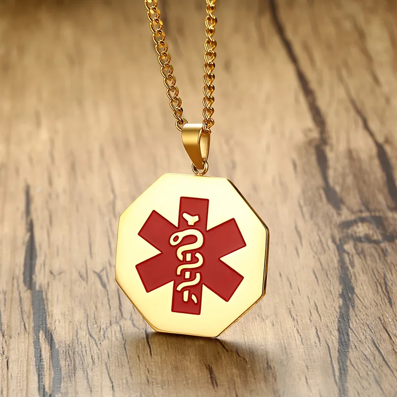 35mm Gold Tone Red Symbol Medical Alert Id Metal Tag Necklace In