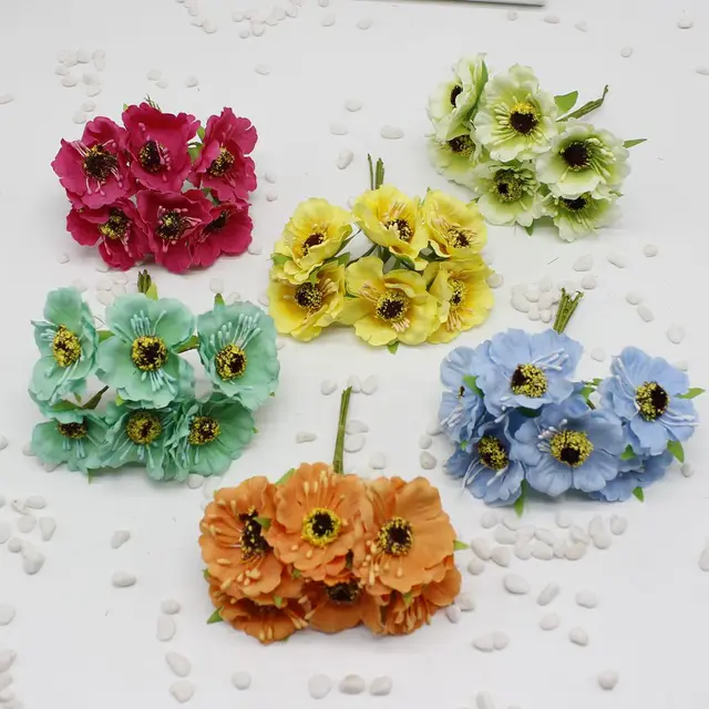 12ピース/ロット14色シルク桜の花小さな人工ポピー花束結婚式の