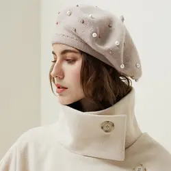 Винтаж для женщин шерстяной вязаный Французский жемчуг берет шапки лыжный шапки теплые зимние девушка сладкий художник шапка бини