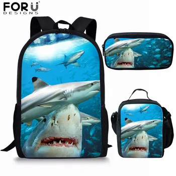 

FORUDESIGNS Shark Backpack Blue School Backpack for Girls Boys Satchel Kids School Bag Set 3D Ocean Animal Teenage Bagpack