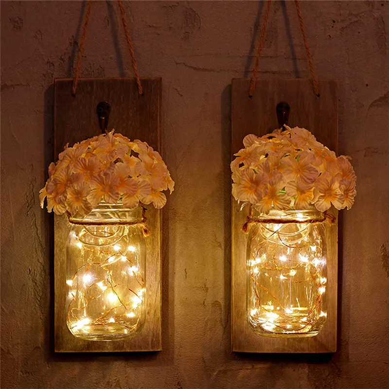 

Country Rustic Mason Jar Wall Sconce Hanging Mason Jar Sconces With Led Fairy Light bottles lights light bulb bottle wedding