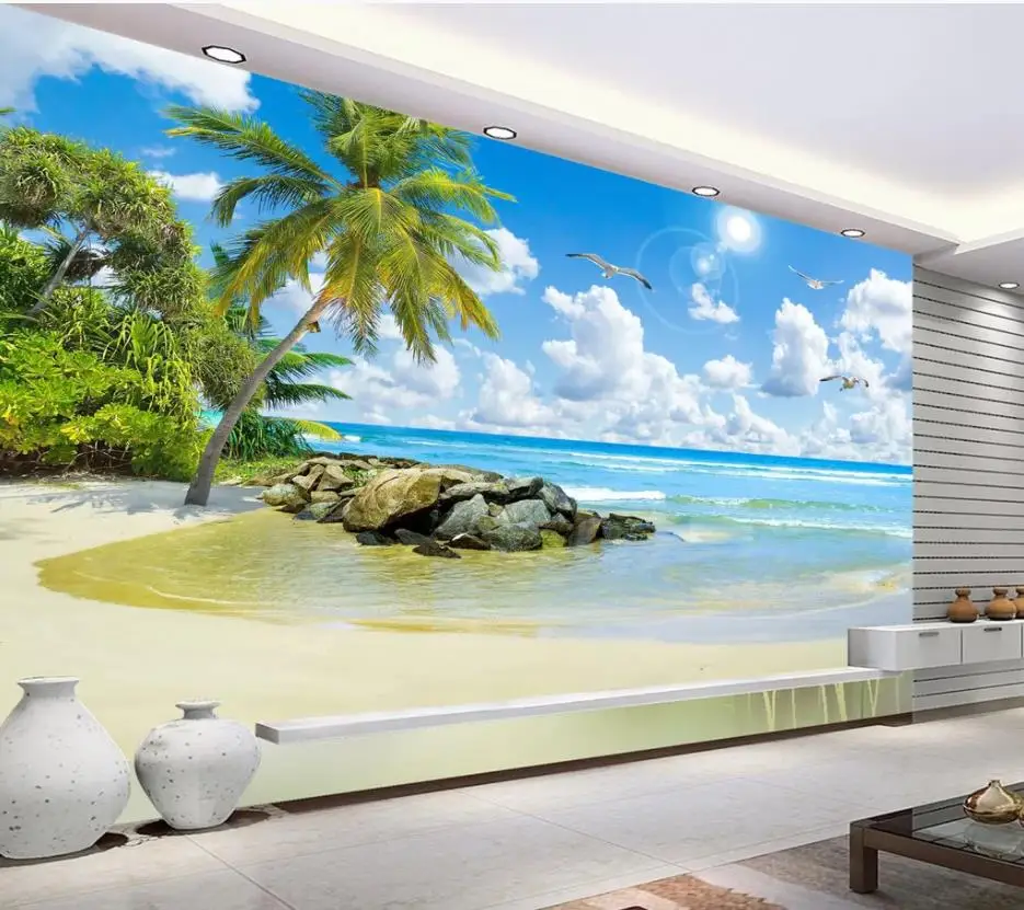 Seascape coconut tree beach HD landscape painting living room TV background wall modern living room wallpapers Seascape coconut tree beach HD landscape painting living room TV background wall modern living room wallpapers