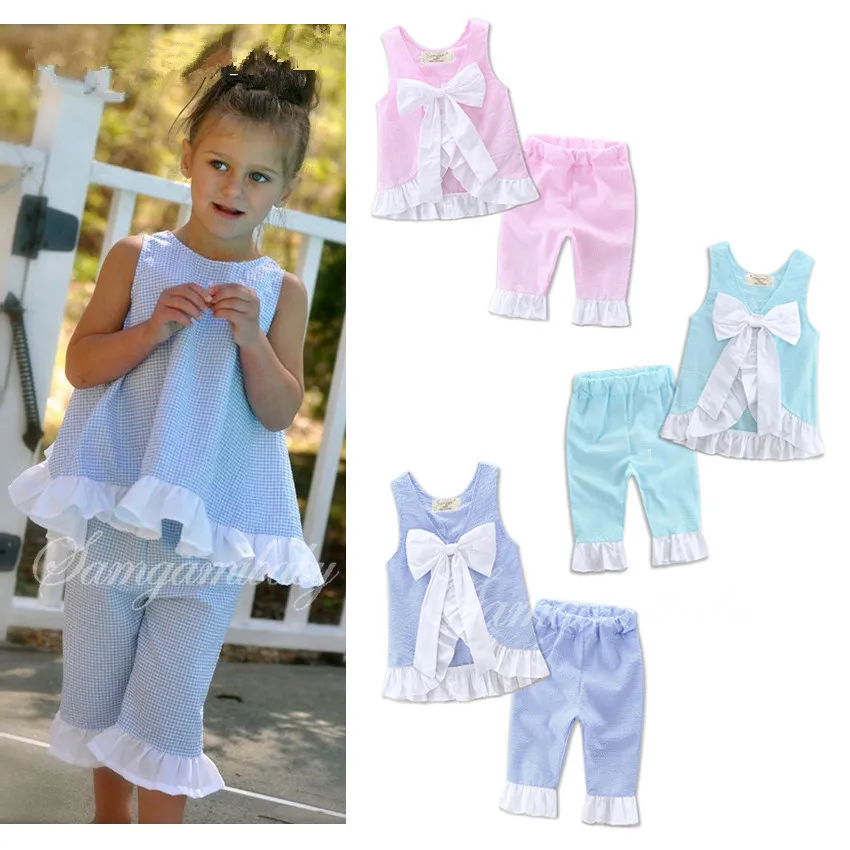 

Fashion baby girls lace big bow lotus leaf vest+pant 2pcs set kids cotton clothes summer children's outwear princess wear 17A801