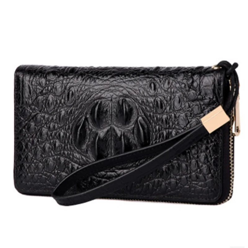 

New Style Genuine Leather Men Purse Crocodile Leather Leather Men Long Style Zipper First Layer Cow Leather Business Hand purse