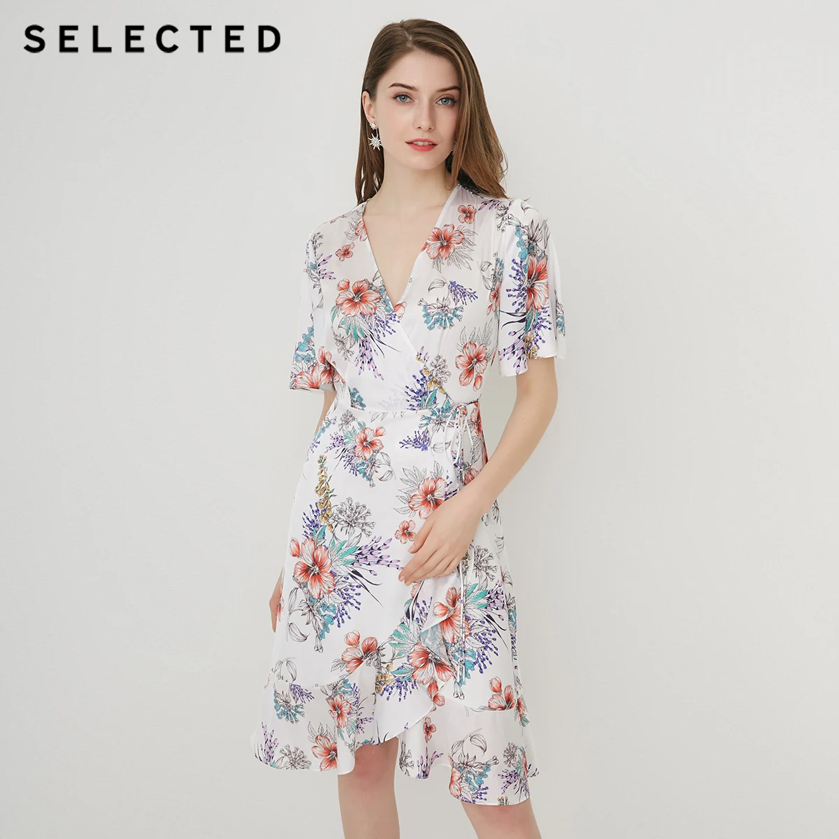 Летнее приталенное платье миди с v-образным вырезом и принтом S | 41922J542 - Цвет: WHITE PRINT