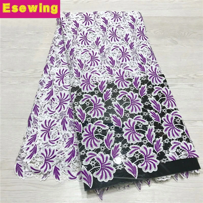 

2019 Popular latest High quality African guipure cord lace With Rhinestones fabric In White+Purple for Nigerian Party Dress
