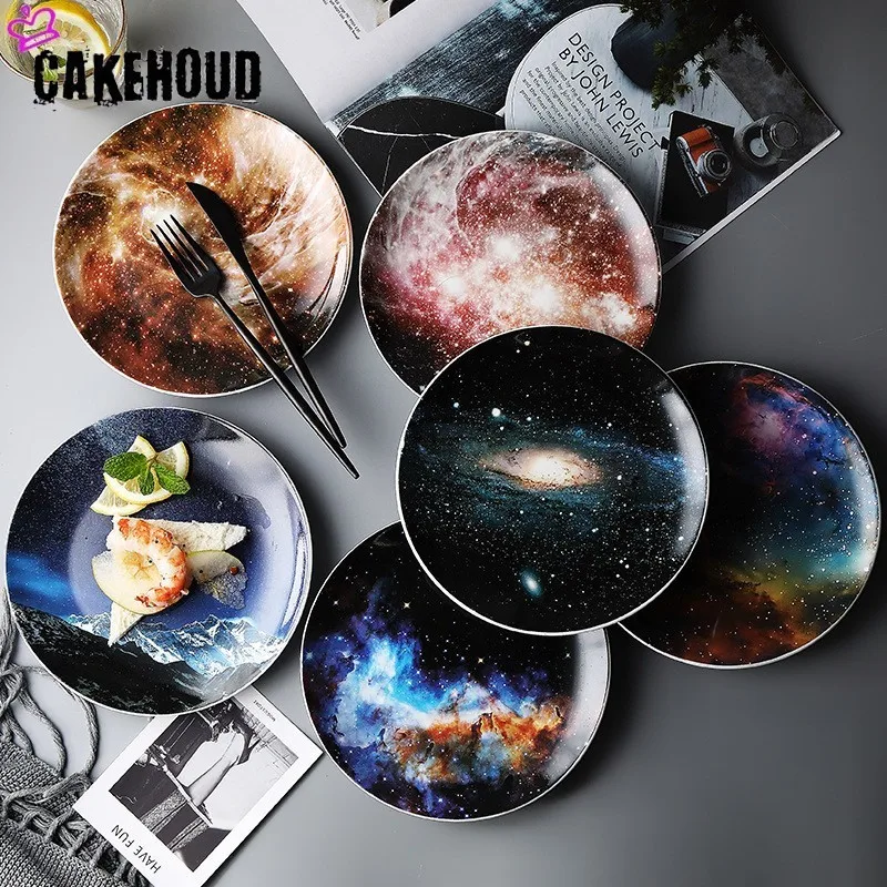 

CAKEHOUD Nordic Style Starry Ceramic Plate Western Steak Plate Child Fruit Plate Round Household Tableware Kitchen Cutlery Set