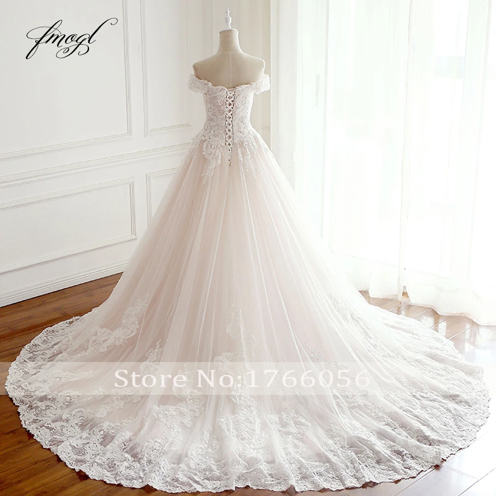 Fmogl элегантное кружевное свадебное платье трапециевидной формы с вырезом лодочкой сексуальное винтажное свадебное платье с аппликацией в виде часовни и шлейфа размера плюс
