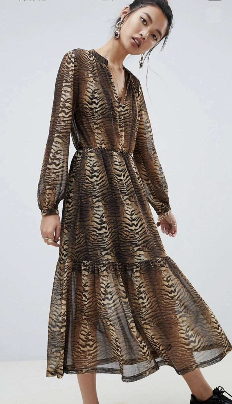 

2019 Spring za Women animal print v-neck tiger print sexy print za full sleeve print Dress Hot Sale Women Clothing vestidos