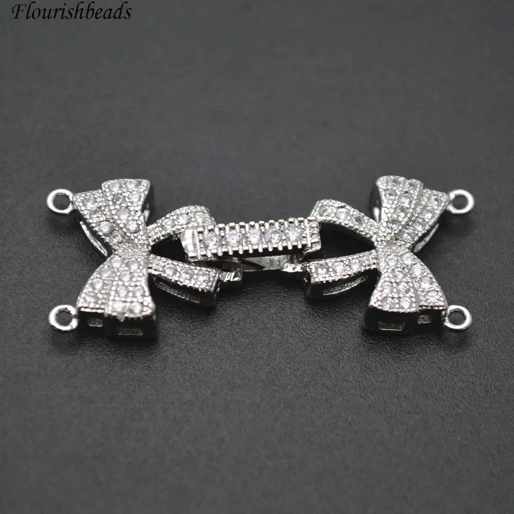 Two Loops Double Bowknot Paved CZ Beads Necklace Clasps Fit Two Rows