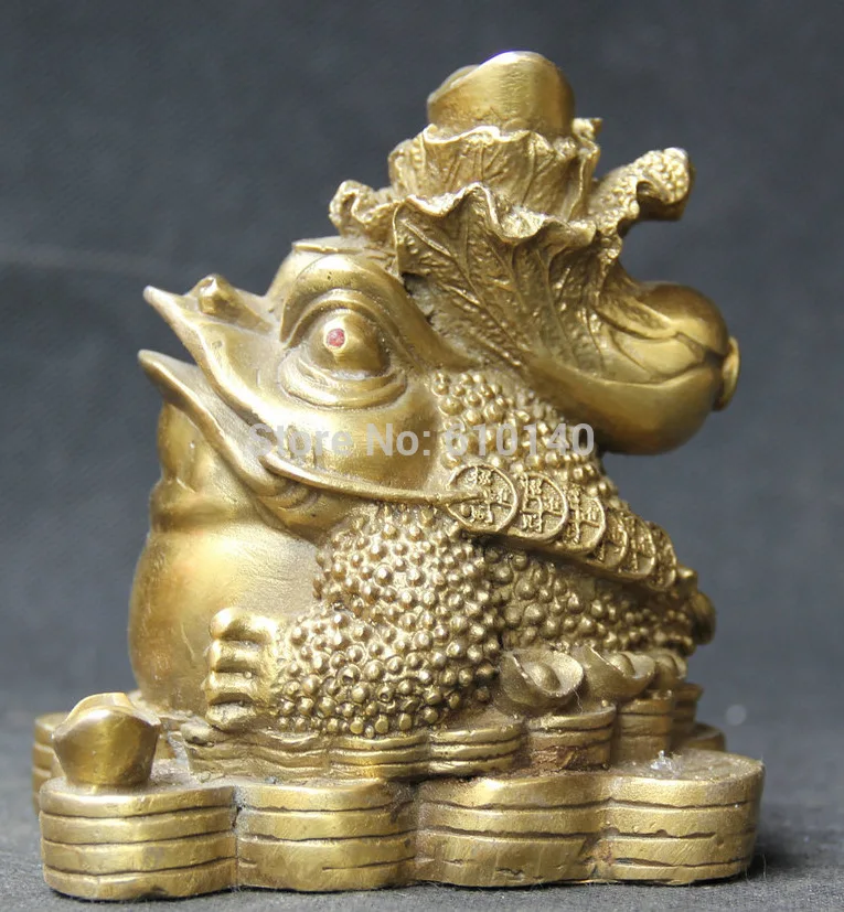 

5" Chinese Fengshui Brass Golden Toad Spittor cabbage Wealth Rich Statue