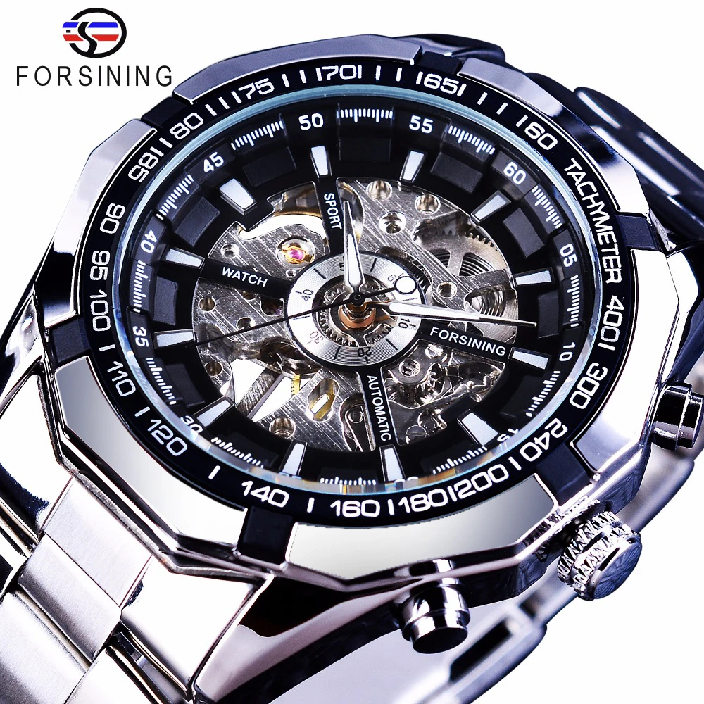 Forsining 2017 실버 스테인레스 스틸 방수 망 해 시계 탑 브랜드 럭셔리 투명 기계식 남성 손목 시계