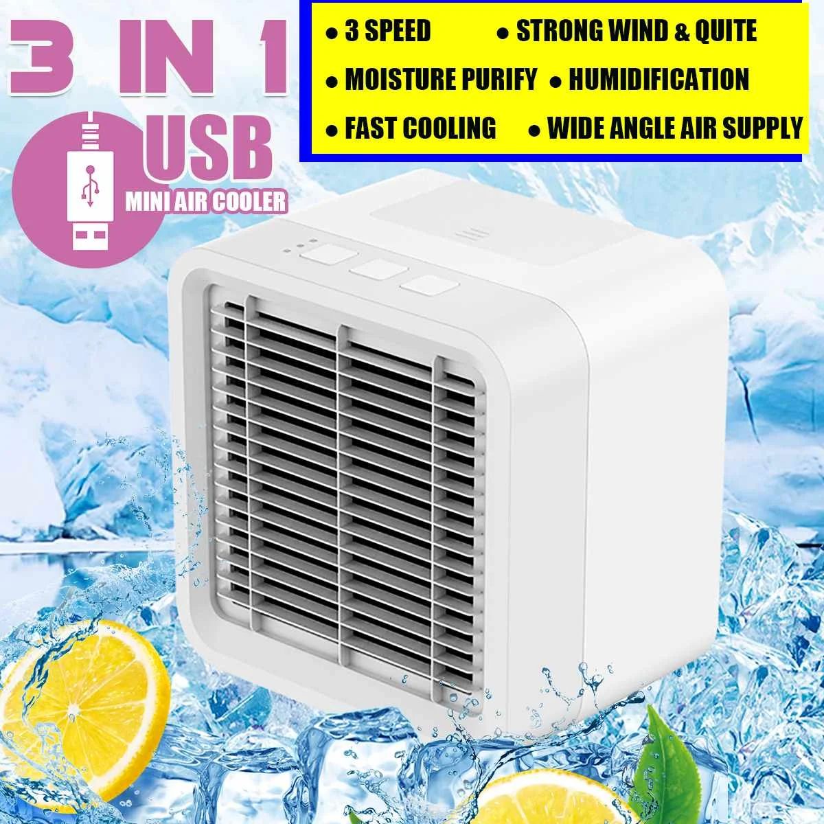 

3 in 1 Portable USB Mini Air Conditioner Cooler Cooling Fan Purifier Humidifier for Office Home 3 Speed Adjustable Eco-friendly