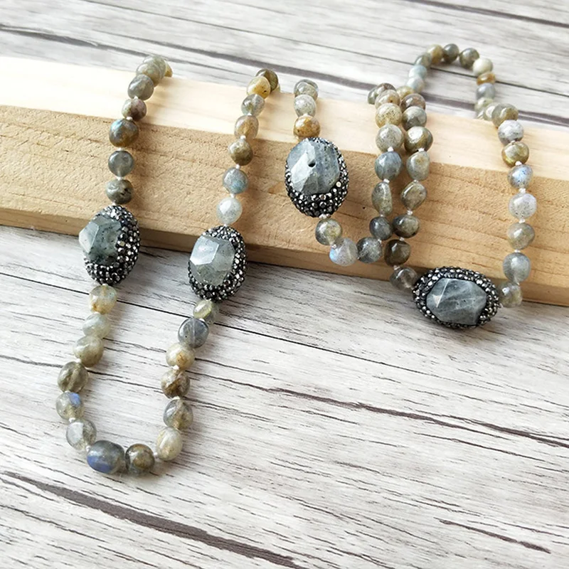 3 Strands Natural Labradorite beads Crystal Rhinestone Paved irregular Long knotted Necklace For Women NK425 | Украшения и