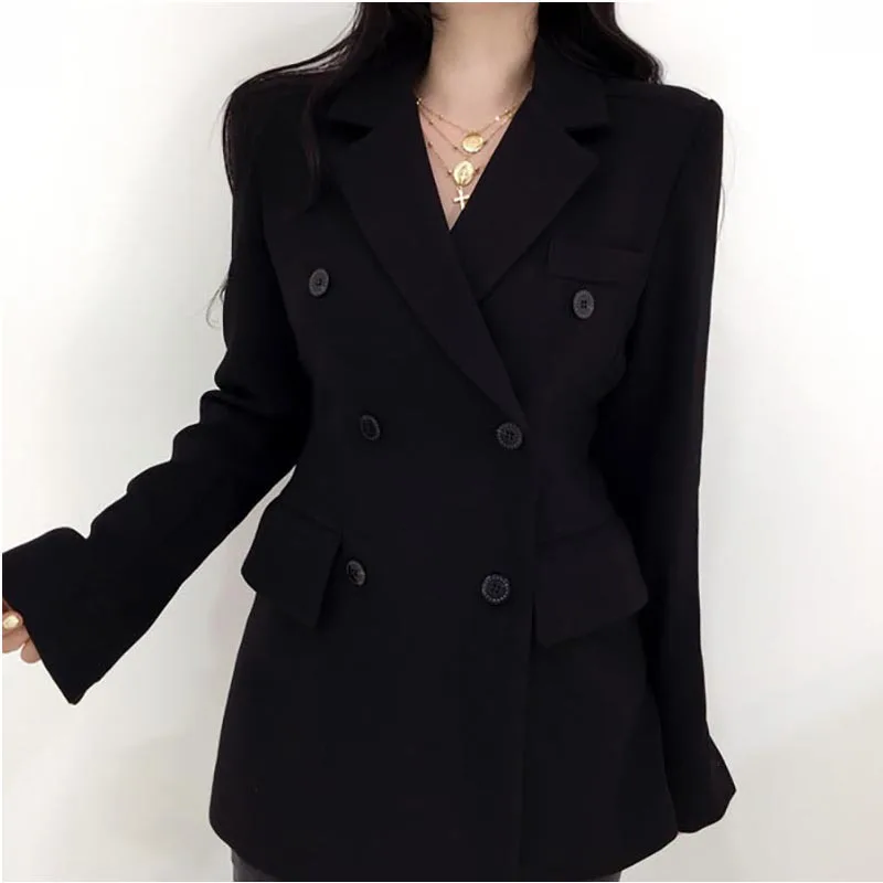 2019 Spring Gray Black Korean Women's Jacket Blazer Solid Double Breasted Coat Female Long Sleeve Office Blazers Women Outerwear