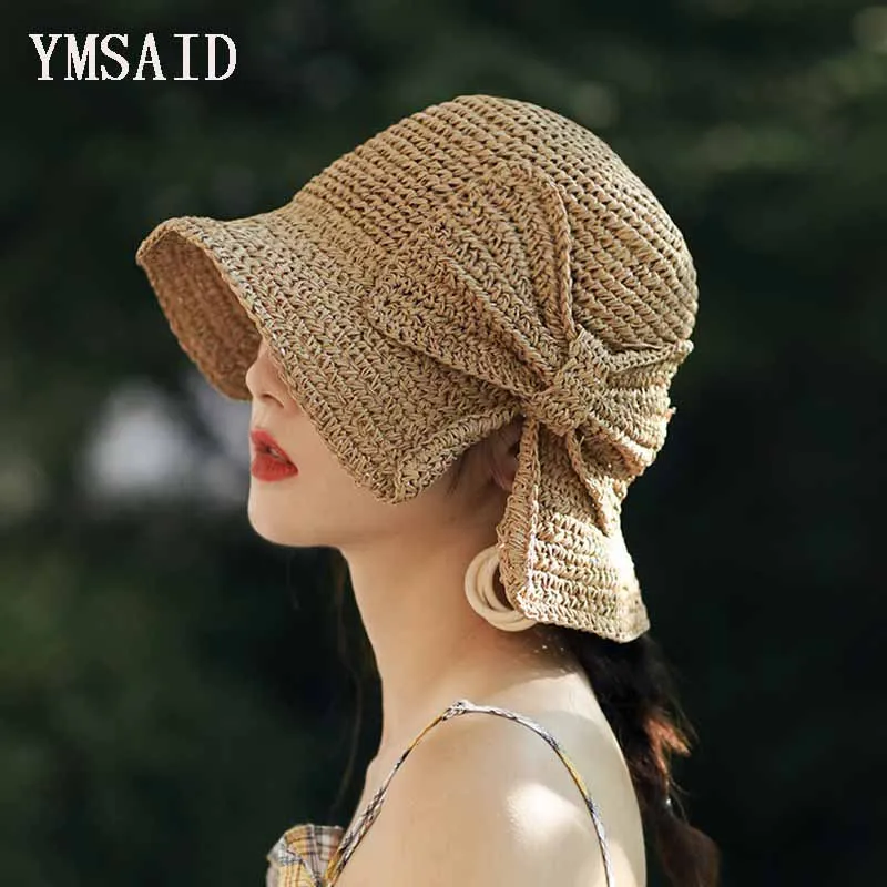 

Ymsaid New Women Summer Simple Bow Large Brim Foldable Sun Hats Handmade Crochet Straw Beach Hat Sun Protection Hat Girl Female