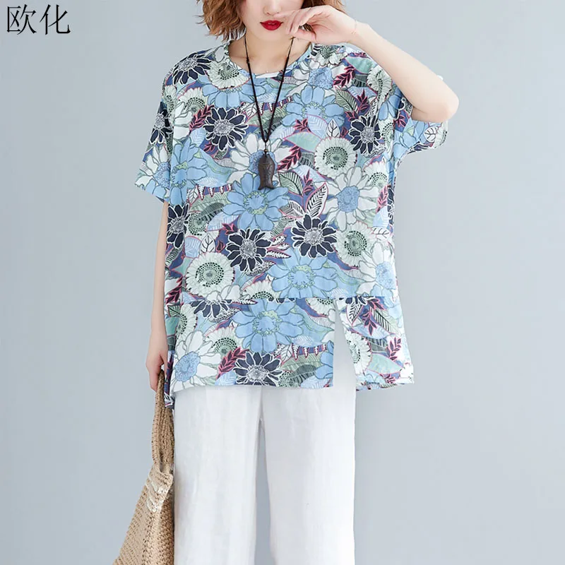 

Plus Size 4XL 5XL 6XL Cotton Linen Women T Shirt 2019 Summer Floral Printed Batwing Tshirt Big Size Loose Tee Shirt Female Tops