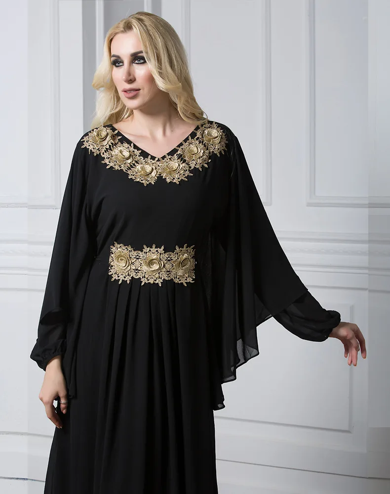 XL-7XL Большие размеры Модные мусульманских взрослых аппликации платье Абая Круглый воротник мусульманское платье Дубай Исламская с рукавом
