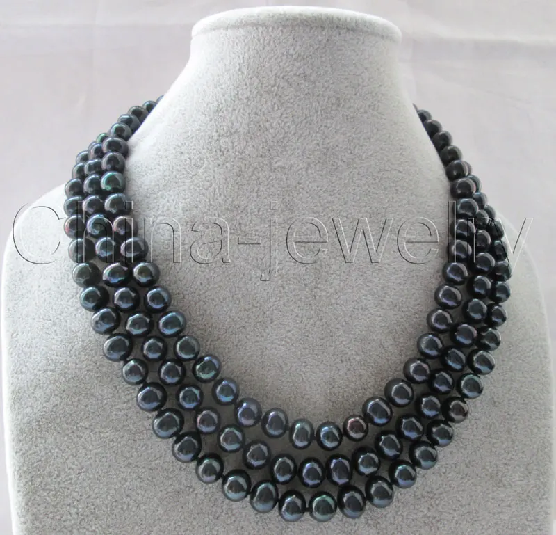 

Free Shipping >>>Beautiful 17-19 " 3row 9mm black round freshwater pearl necklace - abalone shell