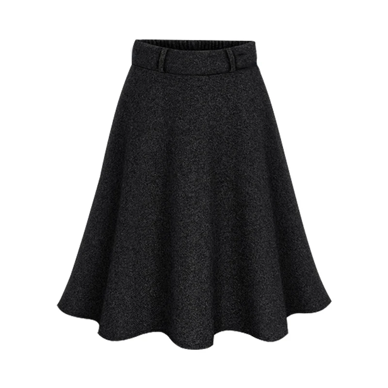 

Women Autumn Winter Woolen Skirt Fashion Solid Gray Balck Basic Half-Length Skirts High Waist Elastic A-Line Pleated Warm Skirts