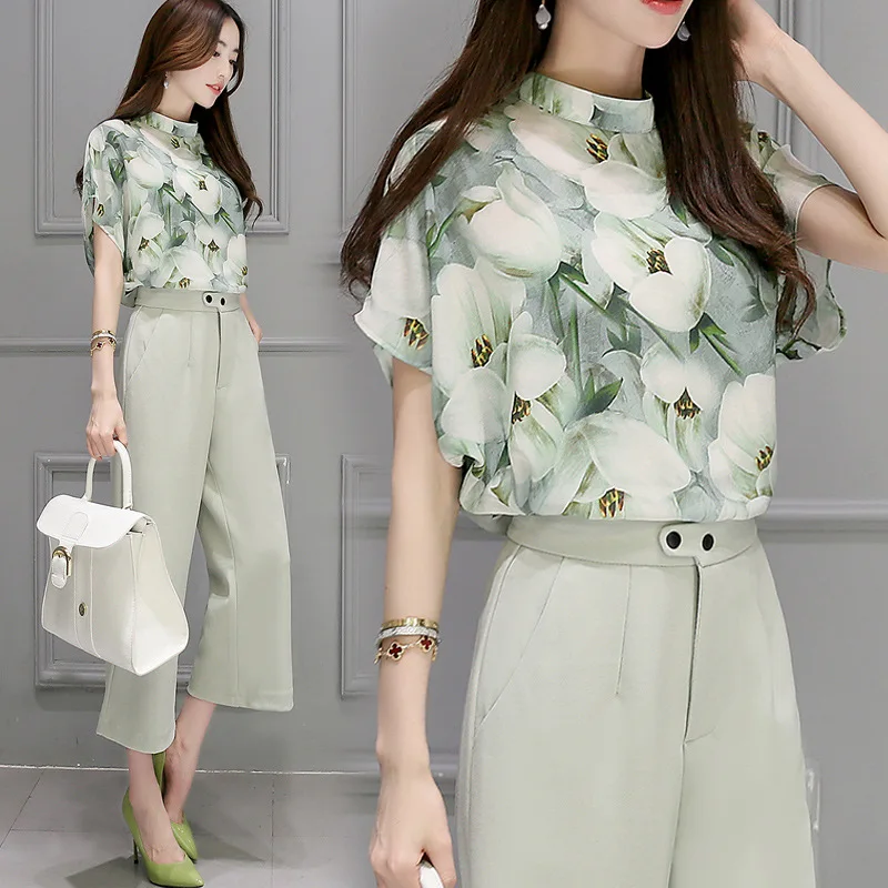 Комплект из 2 предметов Женская Корейская шифоновая блузка топы штаны 2018 летние