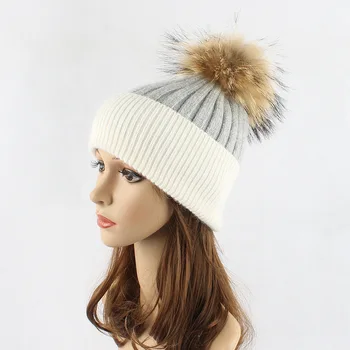 

Winter Hat Women Knit Beanie Wool Real Raccoon Fur Pompon Cap Skiing Warm Outdoor Accessory Brim Headwear Luxury