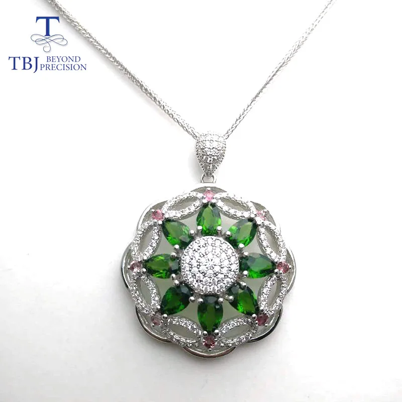 

TBJ,Big Pendants with natural chrome diopside and pink tourmaline necklace in 925 sterling silver gemstone jewelry with gift box