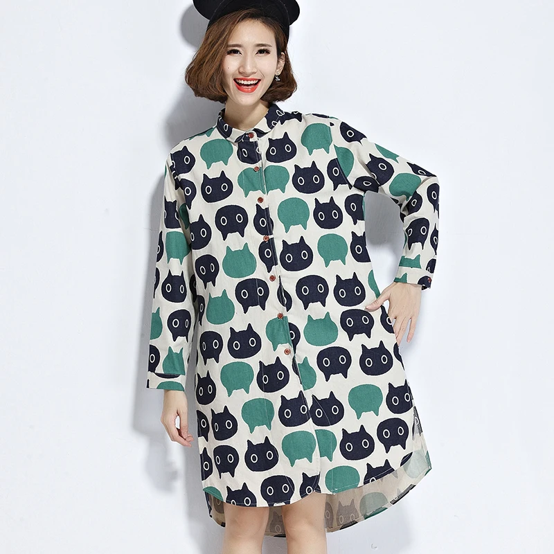 Buy Cute Cat Print Shirt Dress Women 2017 Spring New