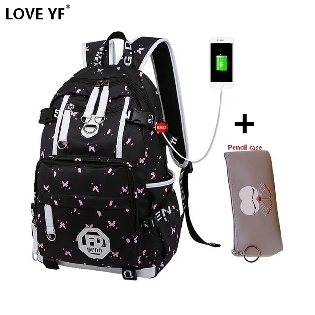 USB Charger Backpack Women College Girl Schoolbag Shoulder Bag Print