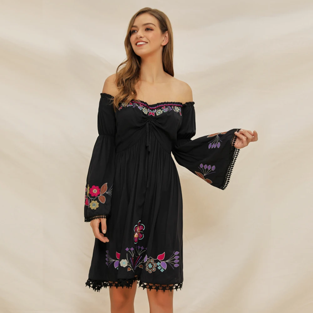 

Women's dress Bohemian Embroidered Black Sexy Off Shoulder Flare Bell Sleeve Dress summer elegant holiday beach dresses vestido